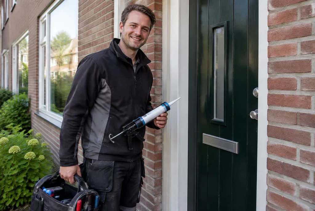 Vakman van Kitbedrijf Westbroek bij de voordeur van een woning